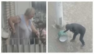 «Я дзвоню в КДБ»: в Мінську пенсіонерка скинула каструлю з балкона  на протестувальників. Відео
