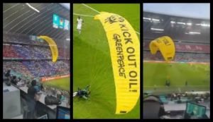 Парапланерист Greenpeace едва не врезался в трибуну на футбольном матче Германия—Франция