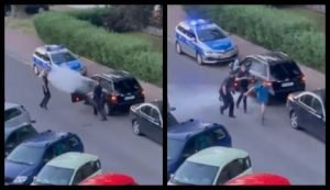 В Польше восемь полицейских еле-еле справились с украинцем который защищался огнетушителем. Видео
