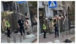 В Киеве девушка в нижнем белье устроила танцы на дорожном знаке перед полицейскими. Видео