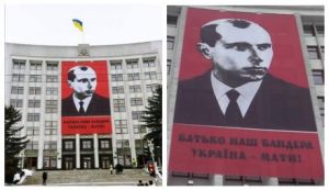 Батько наш Бандера! На здании Тернопольской ОГА вывесили баннер с портретом Степана Бандеры. Видео