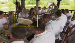 Лукашенко во время обеда с колхозниками усадил свою собаку посреди стол