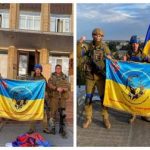 Куп'янськ, наш прапор та наші герої! Бійці 1 батальйону 92 механізованої бригади біля будівлі Куп'янської міської ради