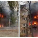 Наслідки влучання ракет по житлових будинках Києва. На місці вже працюють рятувальники та лікарі. Кілька ракет збило ППО