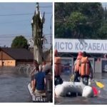 Херсон! Район Корабелів! Рятувальники пересуваються на човнах. Деякі люди чекають на них, піднявшись на дерева