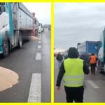 Polish farmers open Ukrainian grain trucks to let the wheat spill out