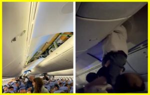 A Boeing 787 passenger is thrown onto a luggage rack during turbulence