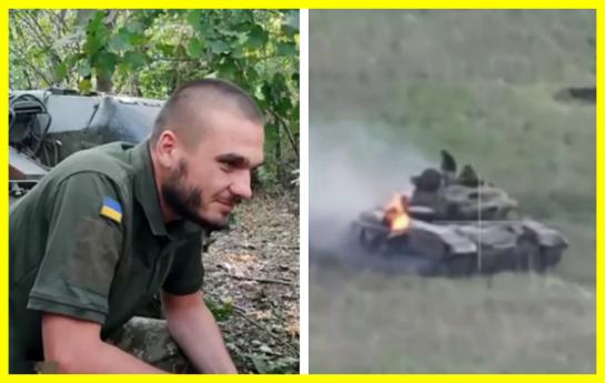 A Ukrainian soldier extinguished his burning tank right on the move