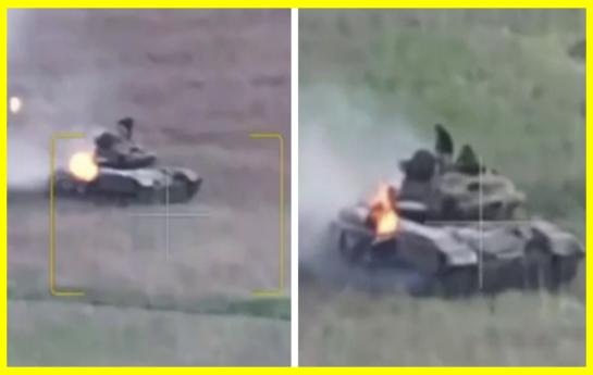 A Ukrainian soldier extinguished his burning tank right on the move