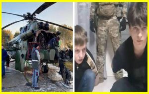 Schoolchildren in Russia burn a Mi-8 military helicopter