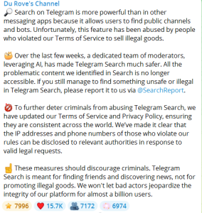 Telegram will transmit IP address and phone number at the request of law enforcers