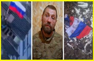 Ukrainian military captured standard-bearer with Russian tricolor