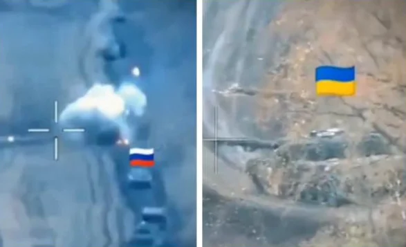 Leopard tank defeats Russian column of armored vehicles